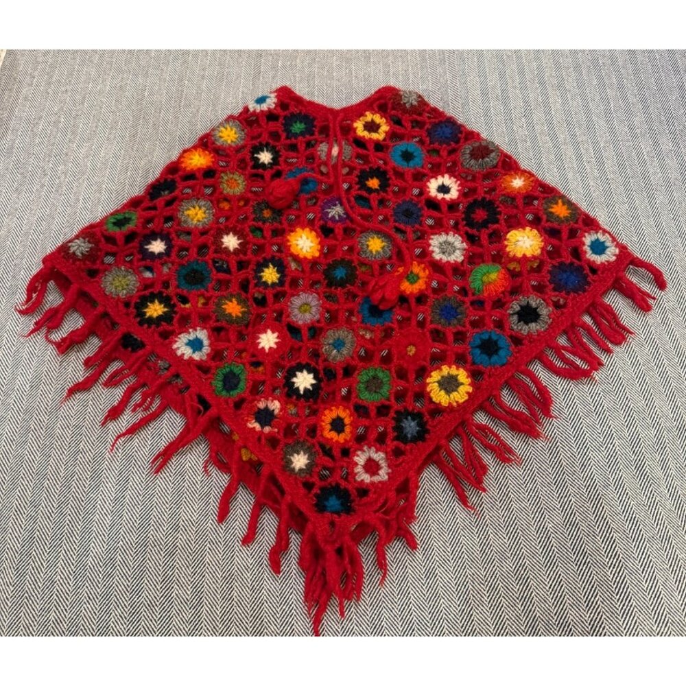 Vintage Handmade Crochet Granny Square Red Fringe Poncho With Colorful Floral De